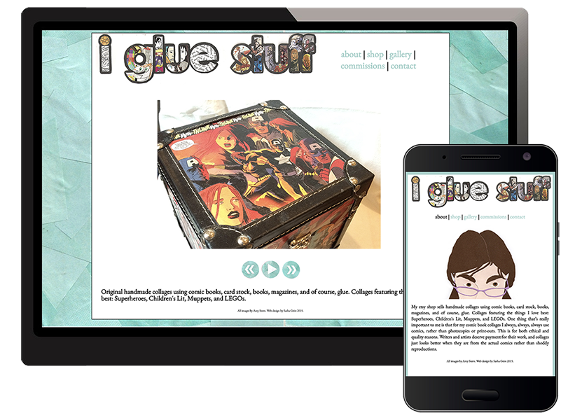 I Glue Stuff. A collage site with a collaged background and title and a slideshow of work with arrow buttons.