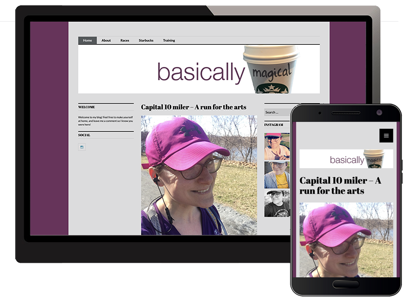 wordpress page design with a custom header of the word basically and a starbucks cup that says magical