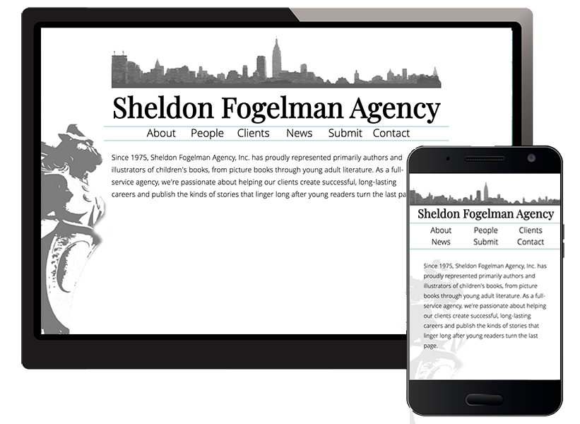 Sheldon Fogelman Agency. A white backgrund site with a transparent gargoyle on the side and a cityscape up top, and centered text.